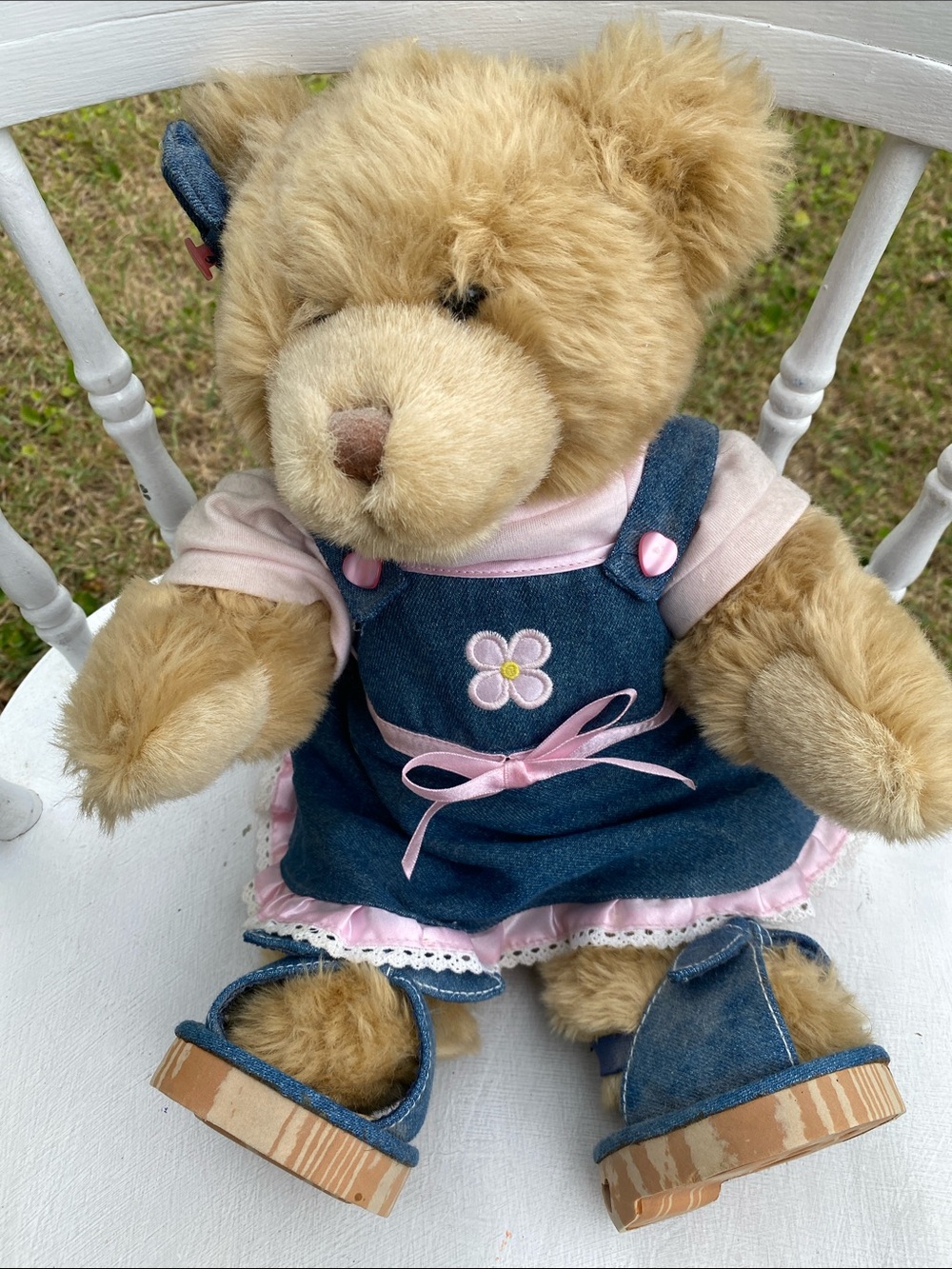 Build-A-Bear Light Brown Teddy in Denim Dress with Pink Accents